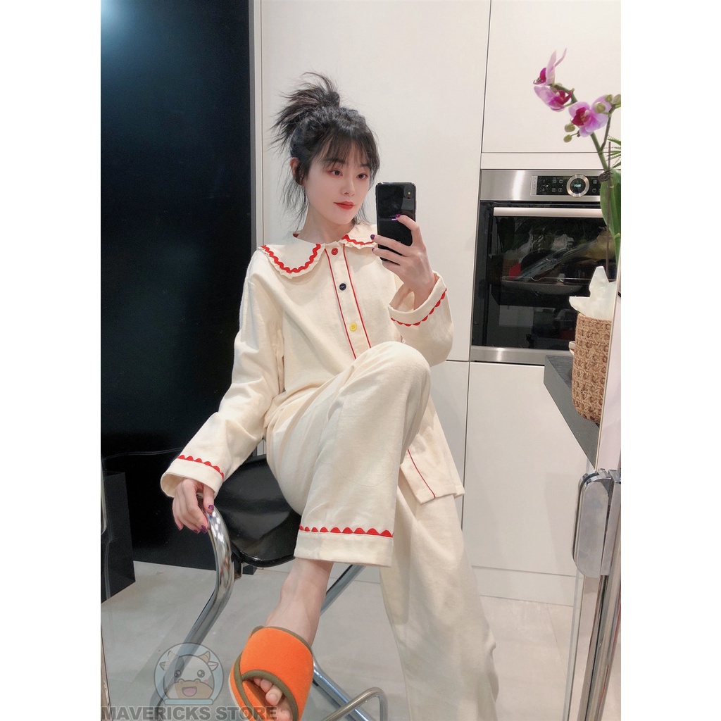 Bộ Đồ Ngủ Tay Dài Cổ Búp Bê Dễ Thương Dành Cho Nữ