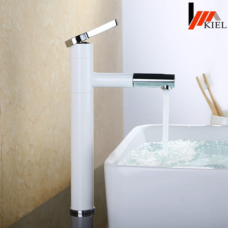 Vòi Lavabo nóng lạnh phun sơn tĩnh điện siêu bền - bóng kính , màu trắng chân cao .