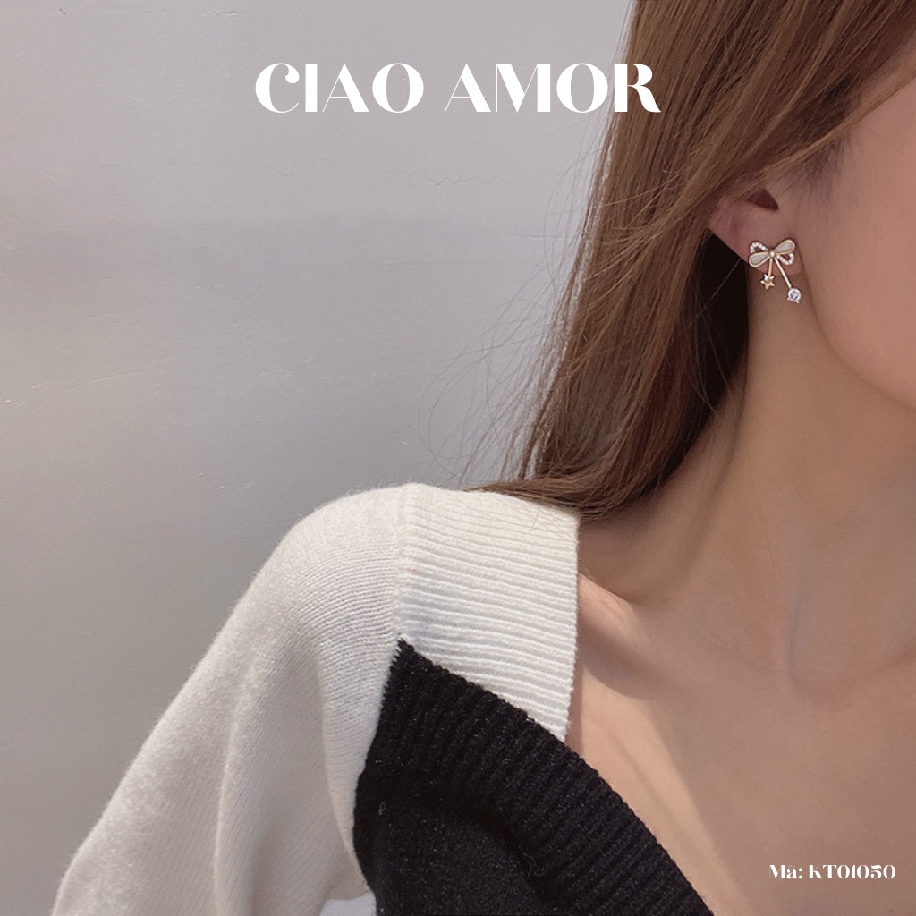 KT0149-Khuyên tai nữ, hoa tai ngắn nơ xà cừ dễ thương Trang sức Ciao Amor