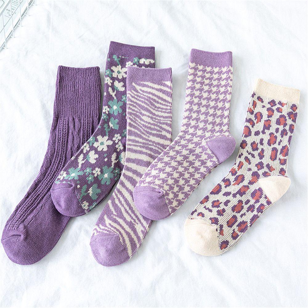 Set 5 Đôi Tất Dệt Kim Chất Liệu Cotton Thoải Mái Thời Trang Cho Nữ