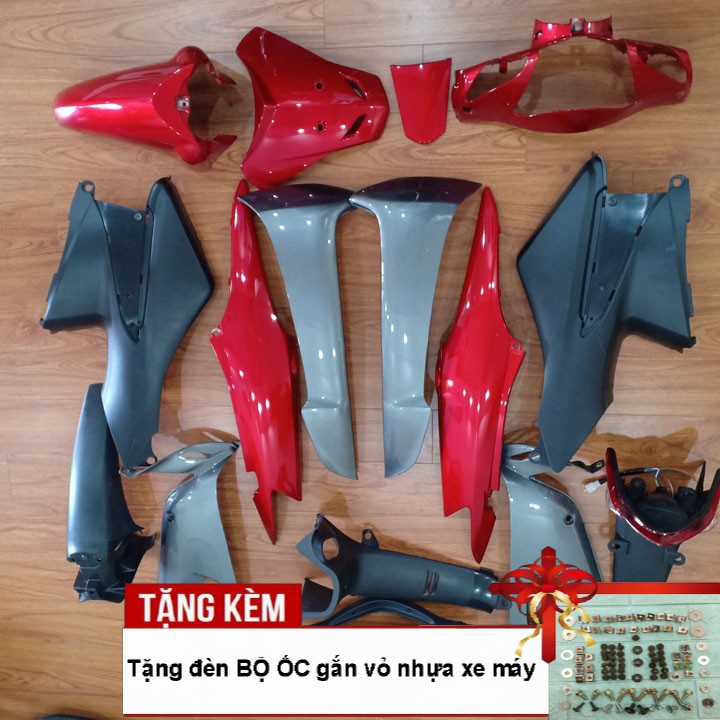 Dàn áo Loại Phanh Cơ- Ổ khóa Vuông xe Wave RS -S100 - Alpha 100 đời 2006 đến 2016 màu ĐỎ ĐUN yếm Ghi - Tặng bộ ốc dàn áo