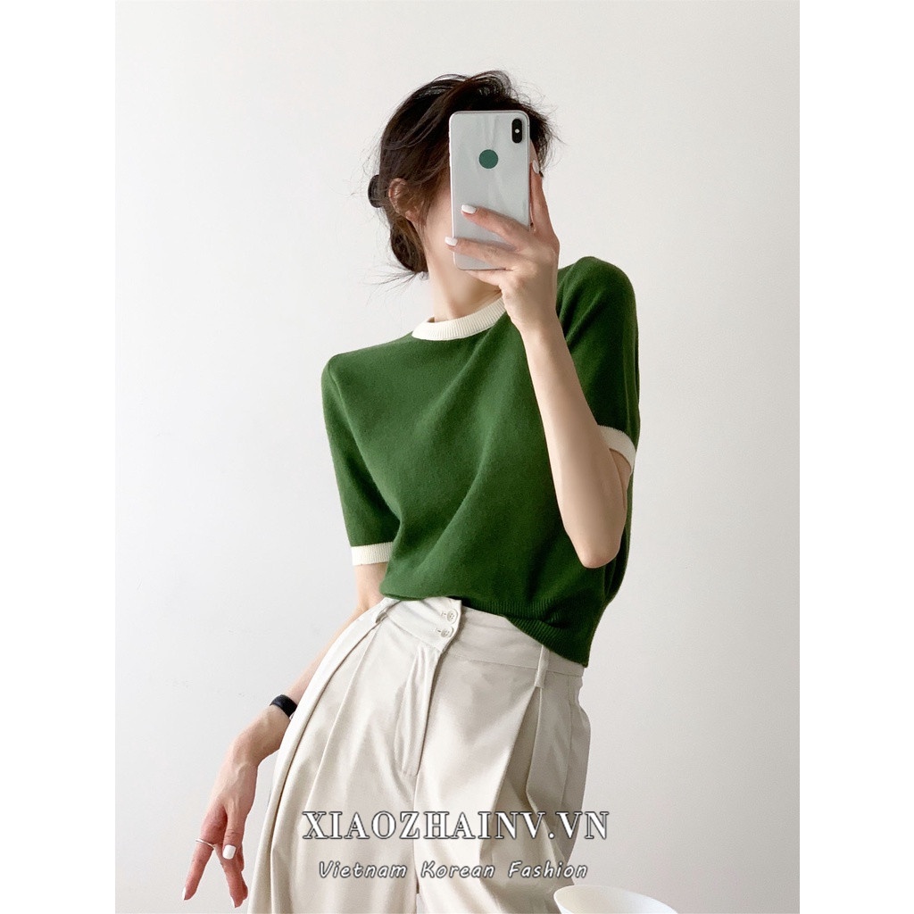Xiaozhainv Áo sweater Dệt Kim Tay Ngắn Cổ Tròn Phong Cách Hàn Quốc Có 3 Màu Dễ Phối Đồ Cho Nữ