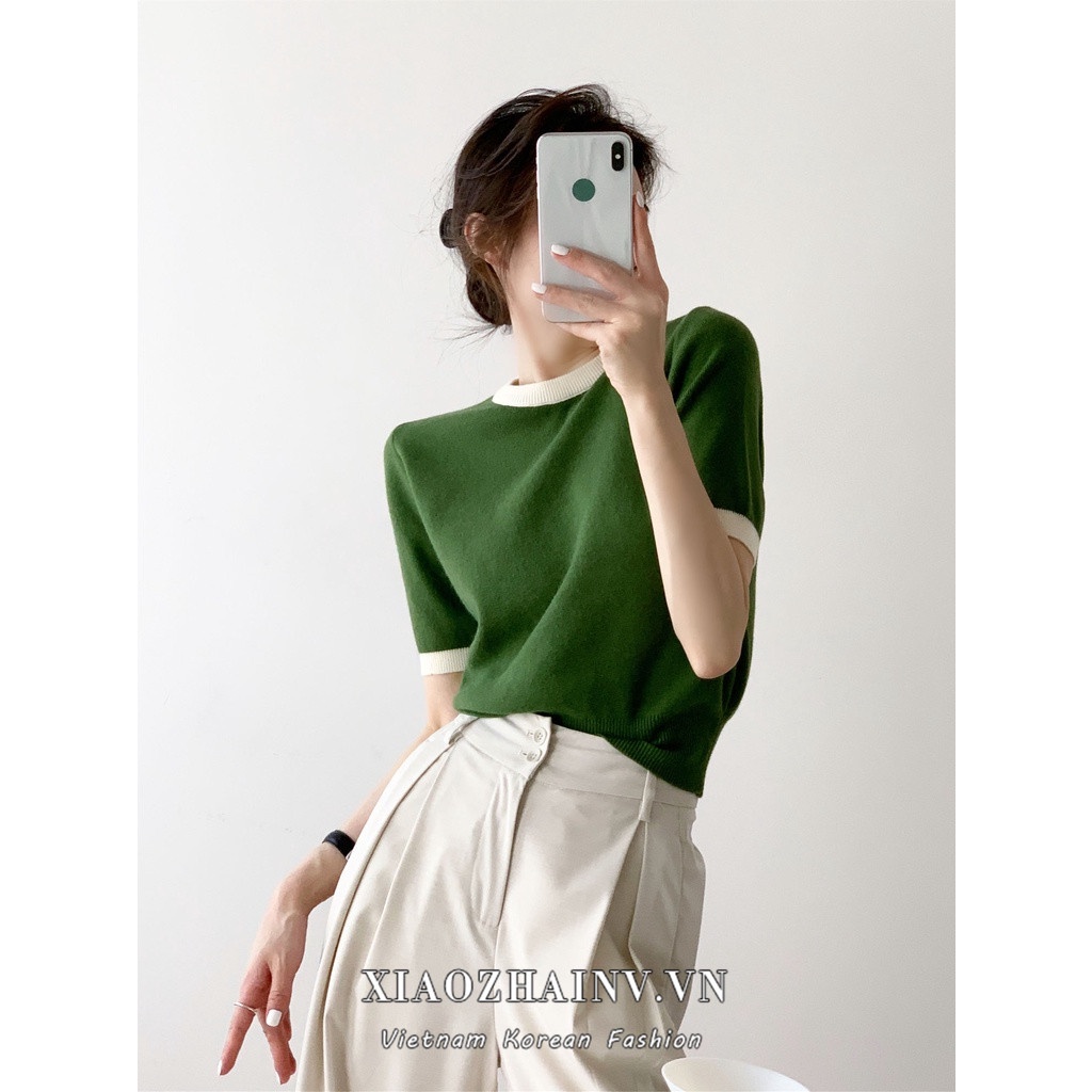 Áo sweater Xiaozhainv dệt kim tay ngắn cổ tròn phong cách Hàn Quốc có 3 màu dễ phối đồ cho nữ