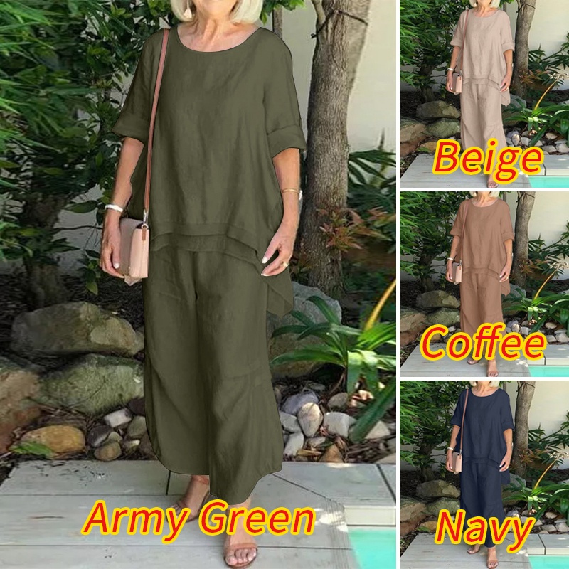 Set đồ ZANZEA gồm áo thun tay lỡ cổ tròn + quần dài ống rộng thời trang cho nữ