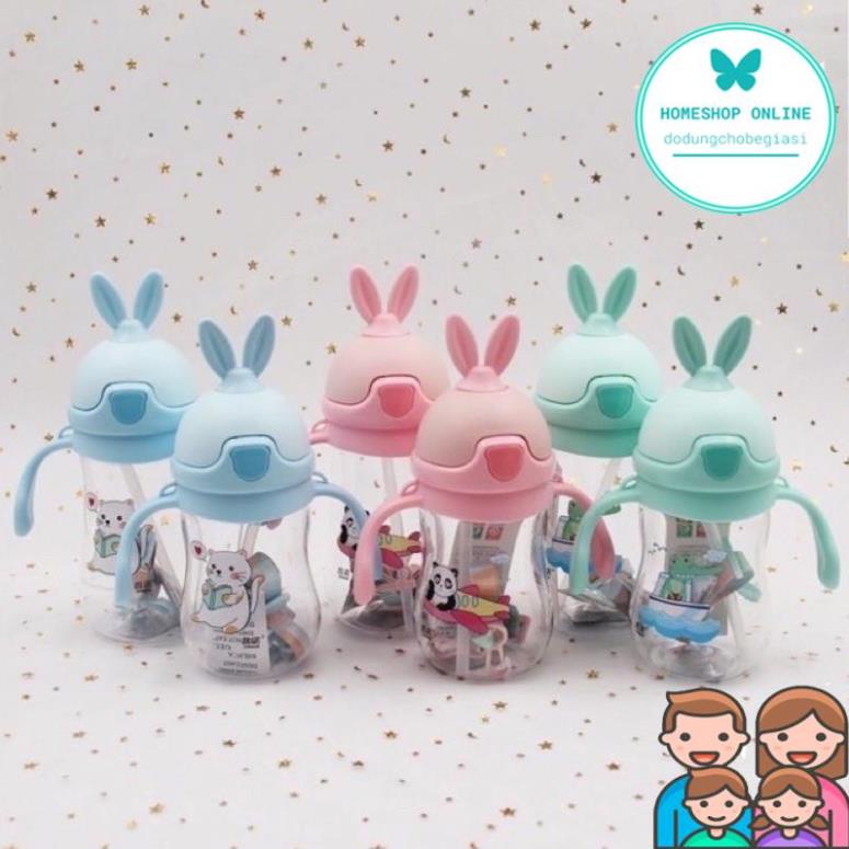 Bình tập uống nước tai thỏ có tay cầm có dây đeo siêu cute 280ml cho bé trai bé gái, bình nước ngôi sao bình thỏ