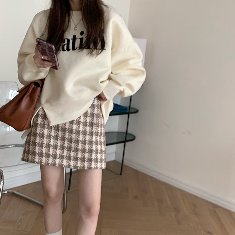 Set áo hoodie dài tay và chân váy tweed họa tiết sọc caro kiểu Hàn trẻ trung (có bán lẻ)
