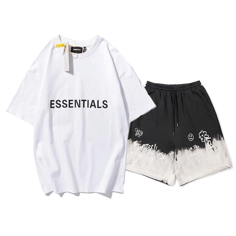 Bộ Quần Áo Thun Nam Nữ Unisex Cổ Tròn Ngắn Tay In Chữ Essentials Quần Short Phối Họa Tiết Thời Trang Zenkonu T223 + S034