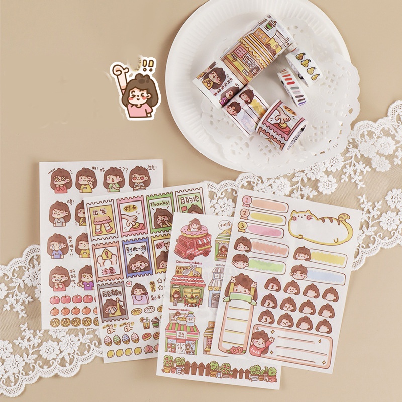 Bộ 4 tấm nhãn dán washi hình cô gái đi học hàng ngày trang trí cho sổ tay