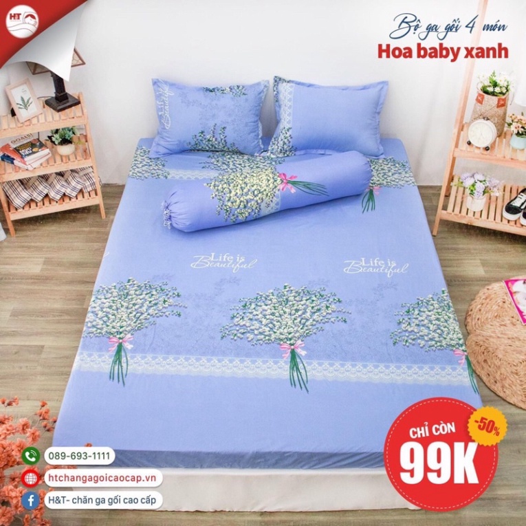 SÉT Bộ Chăn Ga Gối Hè Xanh Hoa Bó