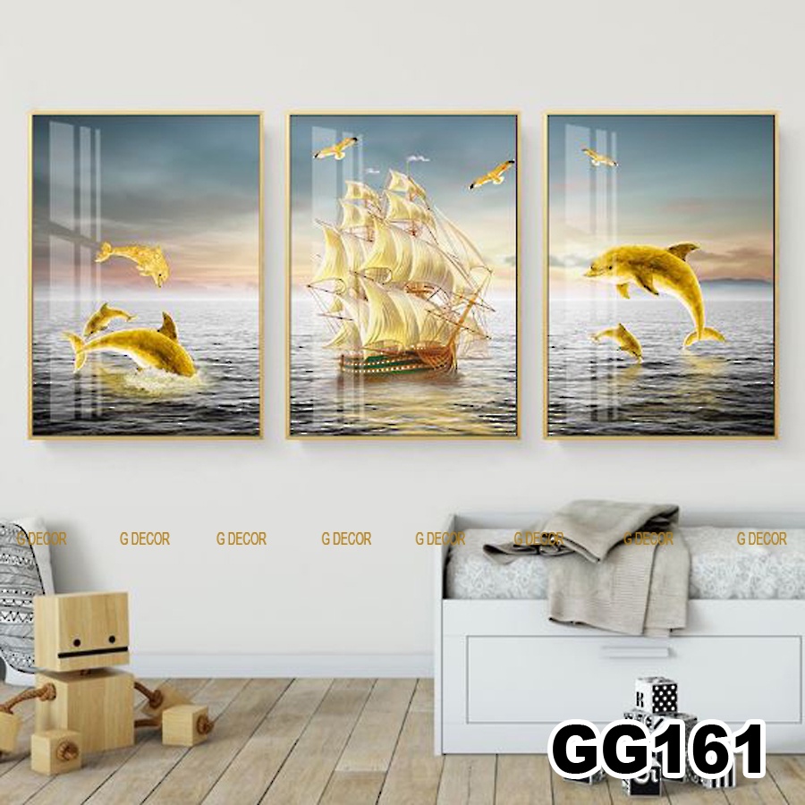 Tranh treo tường canvas 3 bức phong cách hiện đại Bắc Âu 170, tranh thuận buồm xuôi gió trang trí phòng khách, phòng ngủ