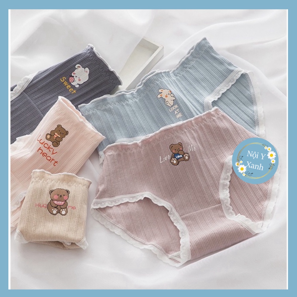 Quần Lót Nữ ❤️ Quần Cotton Nữ Phối Viền Họa Tiết Hình Thỏ và Gấu 485 nội y xanh hàng đẹp thấm hút mồ hôi