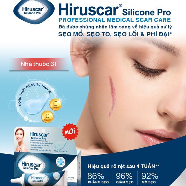 Hiruscar Silicone Pro Gel giảm sẹo lồi, sẹo phì đại, sẹo lõm, sẹo thâm, sẹo phẫu thuật.