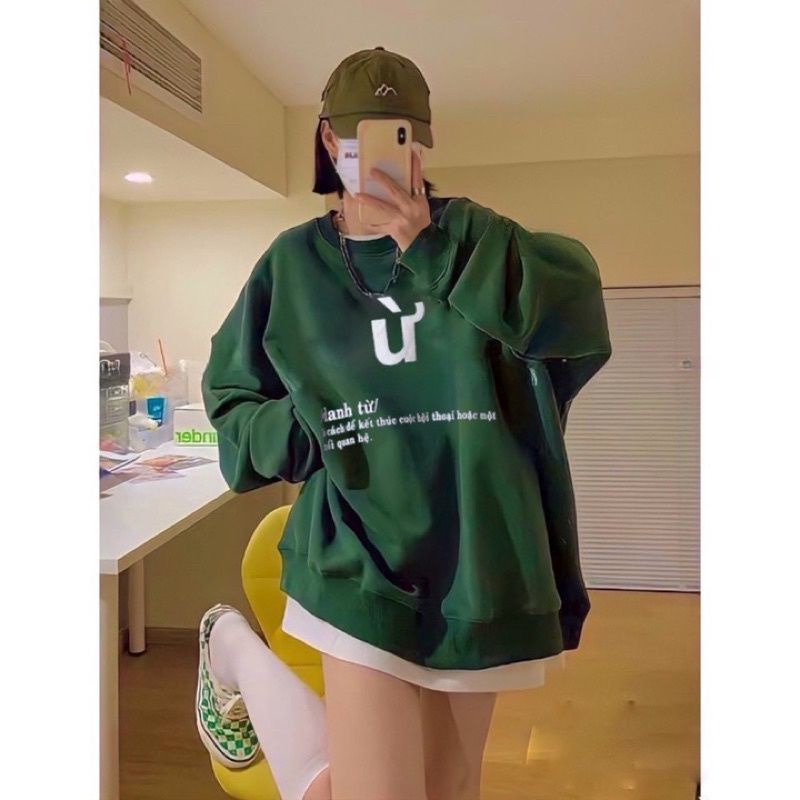 Áo Sweater Chữ Ừ Form Rộng Unisex Tay Bồng Nam Nữ, Áo Chất Nỉ Hàn Xuất Dư Dày Mịn