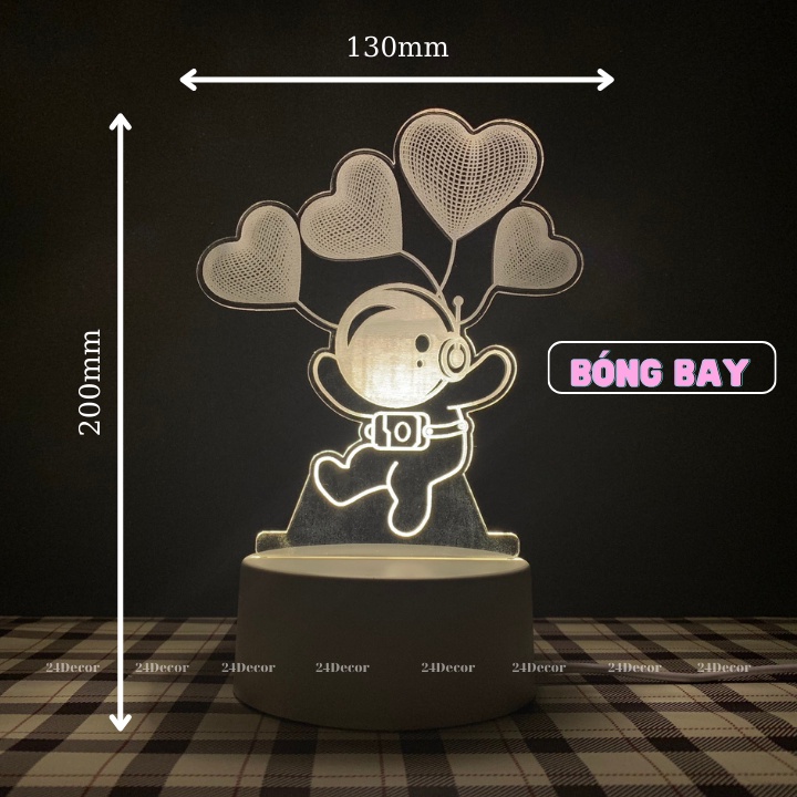 Đèn ngủ để bàn 3D, đèn trang trí decor phòng ngủ phi hành gia 3 chế độ sáng 24Decor