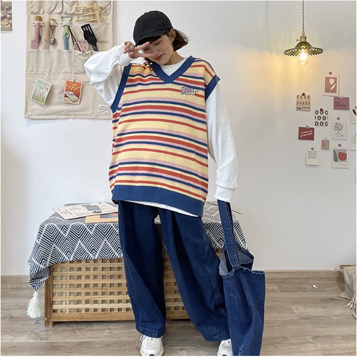 Áo Dệt Kim Sát Nách Cổ Chữ V Dáng Rộng Kẻ Sọc Ngang Màu Sắc Trẻ Trung Phong Cách Hàn Quốc Cho Bạn Gái