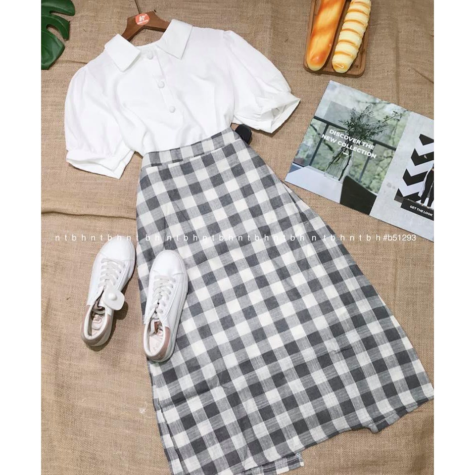 set áo sơ mi tay phồng + cv caro midi