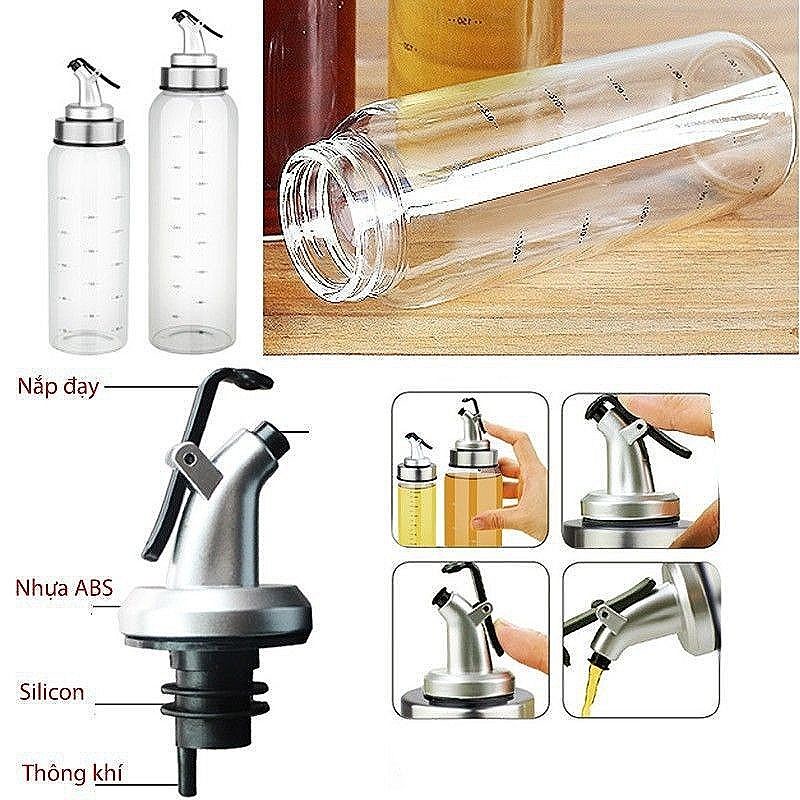 Chai Đựng Dầu Ăn Thủy Tinh Vòi Rót Bấm Tay Chia Vạch 160ML đến 500ML Trong Nhà Bếp