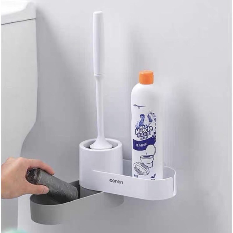 bộ chổi cọ toilet đầu silicon có khay để đồ dán tường siêu chắc OENON