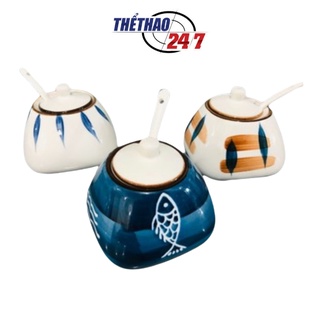 Lọ Đựng Gia Vị Gốm Sứ Cao Cấp, Hũ Đựng Gia Vị Có Nắp Đậy Tặng Kèm Thìa Sang Trọng