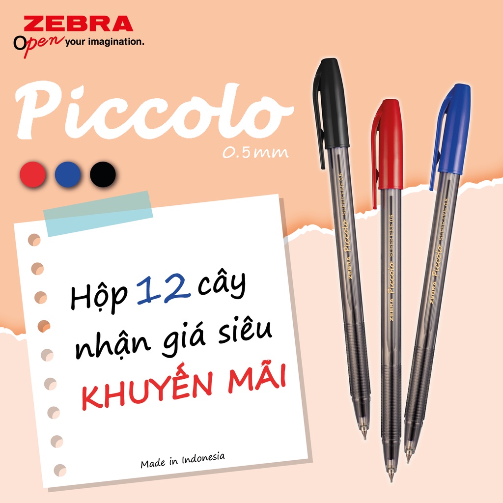 Viết bi nắp Piccolo 0.5mm xanh/đen/đỏ - Zebra [Chính hãng] - 1 cây