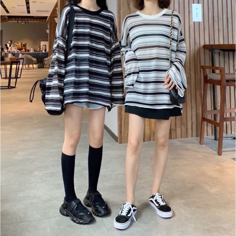 Áo Thu Kẻ Ngang Dài Tay Form Rộng Ulzzang