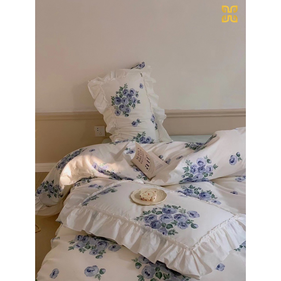 Bộ chăn ga gối cotton lụa mềm bèo hoa nhí, chất cotton lụa mềm mại thoáng mát tạo cảm giác dễ chịu cho giấc ngủ