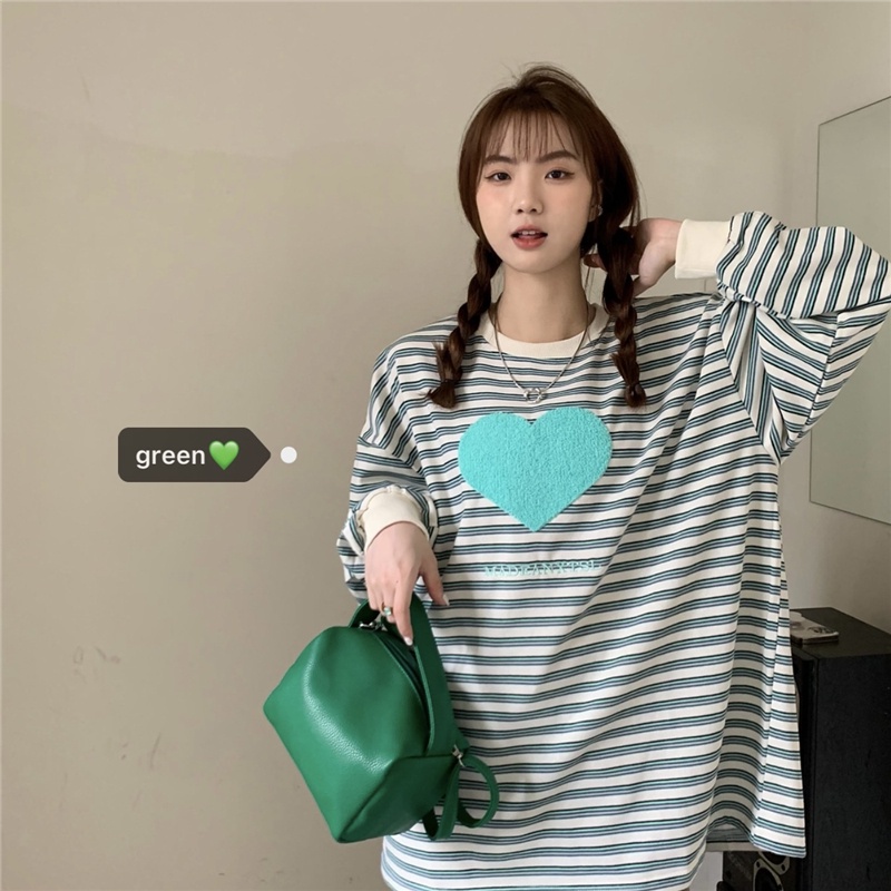 Áo Thun Tay Dài Cổ Tròn Kẻ Sọc Thêu Họa Tiết Thời Trang Hàn Quốc 2 Màu Tùy Chọn Cho Nữ | BigBuy360 - bigbuy360.vn