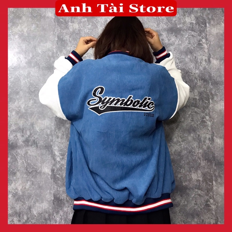 Áo khoác bomber nam nữ nhung cúc bấm thêu chữ Symbolic fom rộng unisex oversize dưới 70kg phong cách Hàn Quốc AT 014