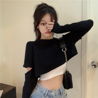 SUXI Áo croptop dáng dài tay rộng phối màu đơn giản cá tính dành cho nữ