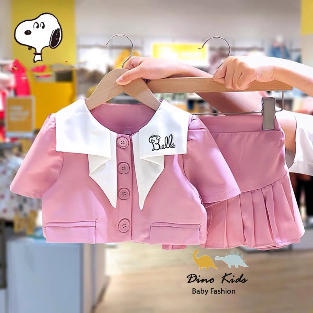 Sét áo croptop kèm chân váy cho bé gái, Set váy hồng cổ trắng BELLE bé gái
