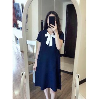 Đầm bầu xanh đen dây nơ trắng