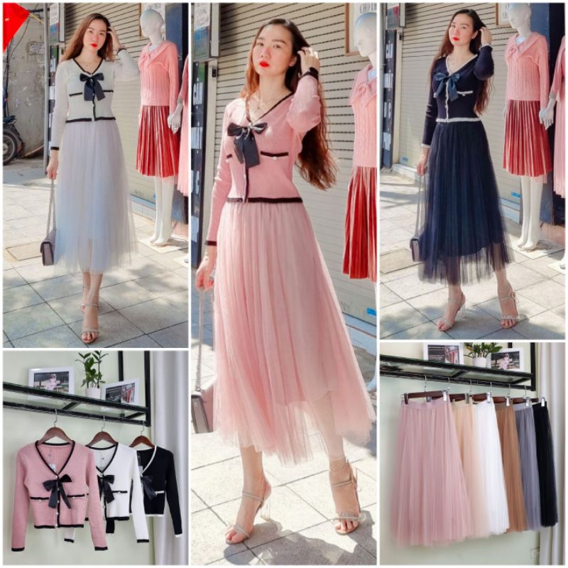 Áo len croptop cài khuy đính nơ đen mix cùng chân váy dập ly 3 lớp siêu xinh. Ảnh thật