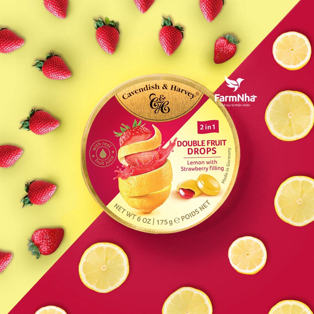 Kẹo Trái Cây Cavendish & Harvey Vị LEMON WITH STRAWBERRY FILLING Hộp 175gr - Hàng Chính Hãng