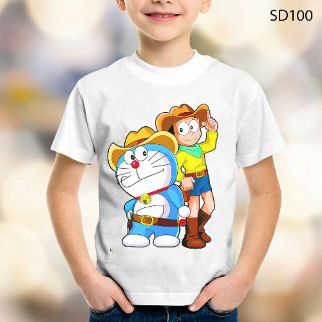 Áo Thun In Hình Doraemon Nobita Cao Bồi Cho Bé Trai