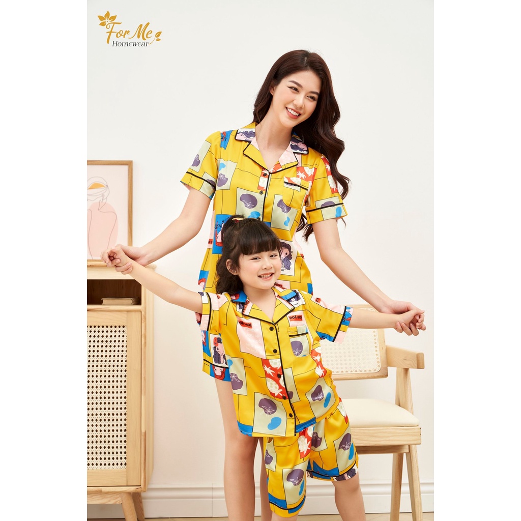 Bộ đồ ngủ, mặc nhà chất Lụa Giấy Luxury SET MẸ &amp; BÉ CÔNG CHÚA VÀNG ,forme pijama