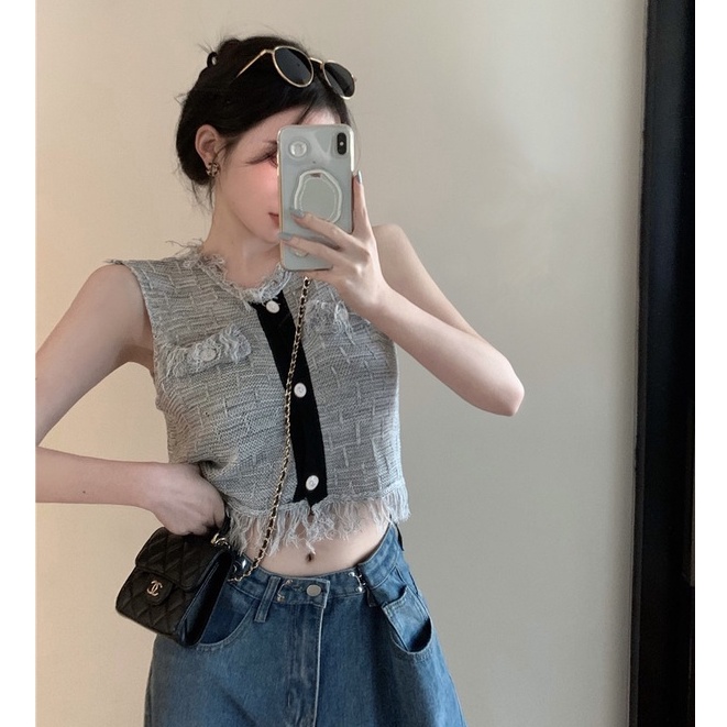 QKOOLE  Áo Dệt Kim Sát Nách Cổ Tròn Phong Cách Hàn Quốc Cho Nữ