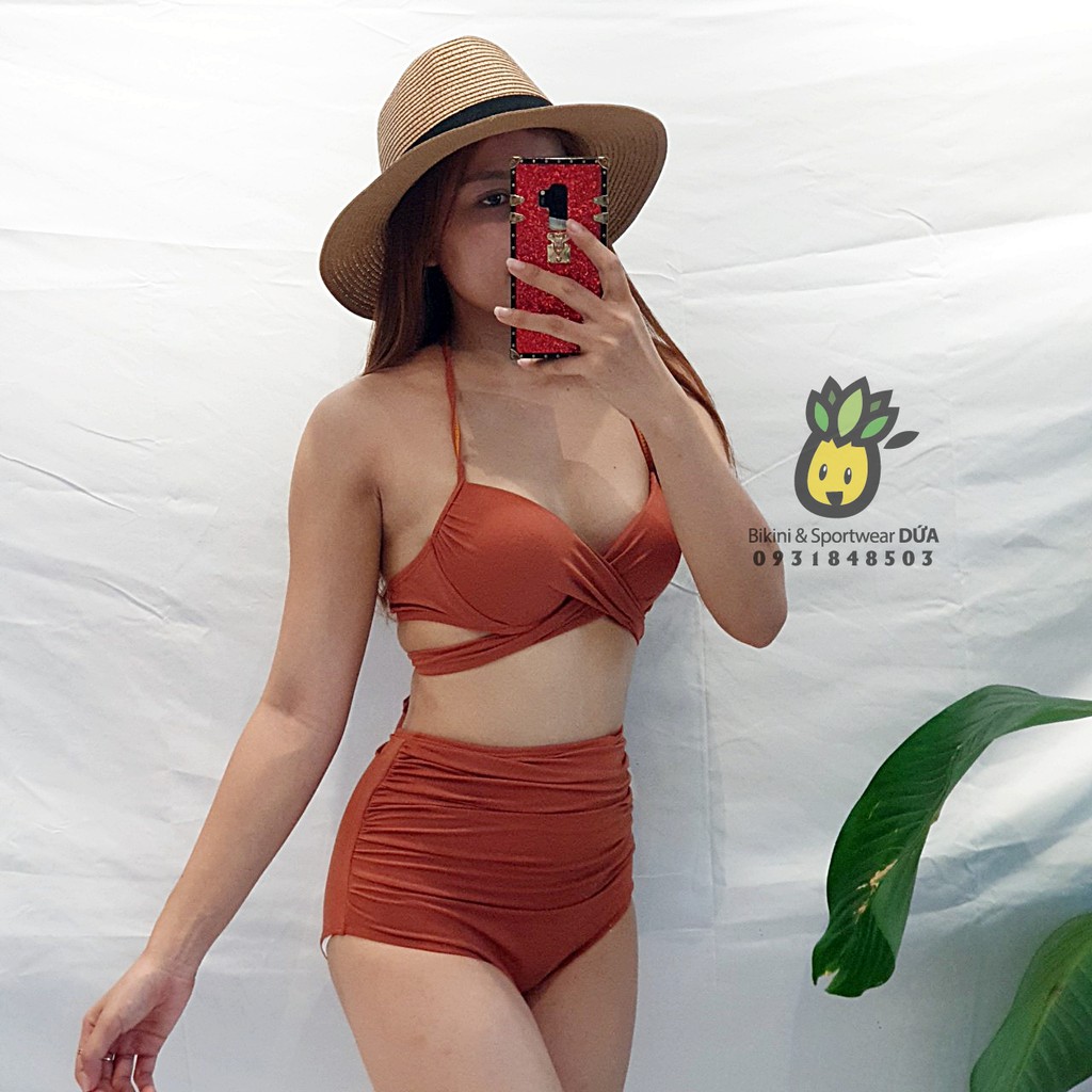 Bikini 2 mảnh cạp cao màu cam đất che bụng | BigBuy360 - bigbuy360.vn