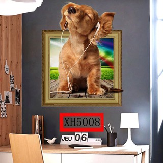 Miếng Dán Tường Vinyl Hình Con Chó 3D , Dễ Chùi Rửa