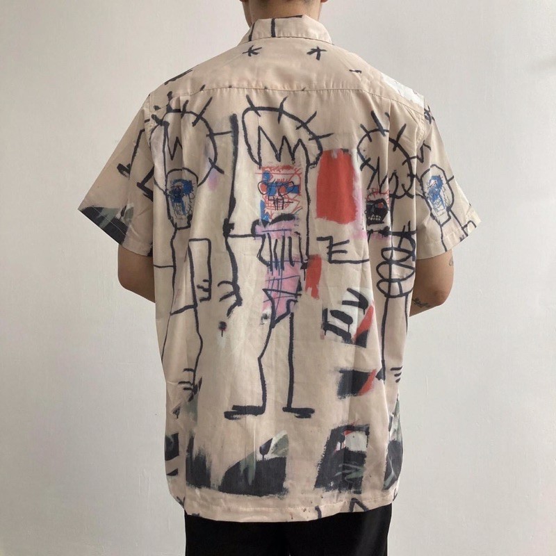 Áo sơ mi unisex màu be hoạ tiết nét vẽ hoạt hình (ảnh thật)