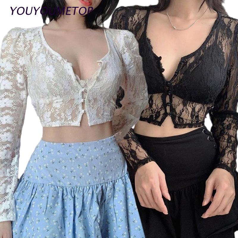 Áo croptop tay dài cổ chữ V phối ren hoa gợi cảm cho nữ