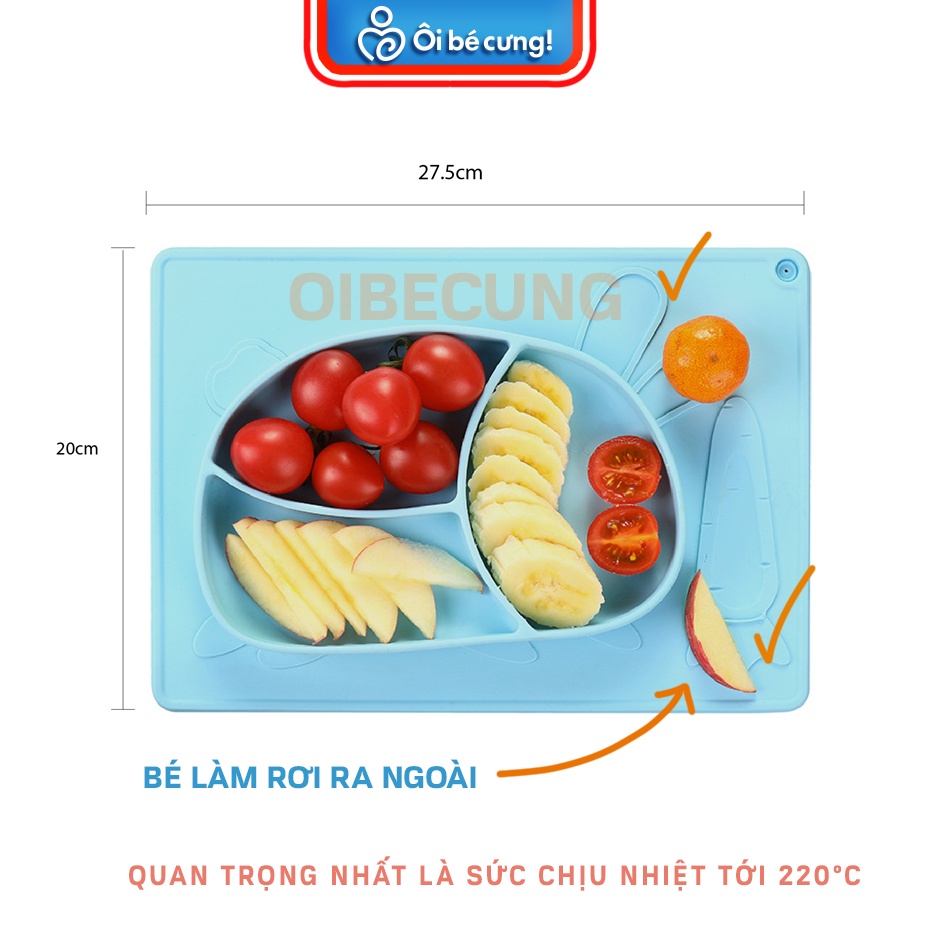 KHAY ĂN DẶM SILICON cho bé ăn dặm chịu nhiệt 220°C BÁM DÍNH CHỐNG ĐỔ chia 3 ngăn hình CHỮ NHẬT oibecung pk.38