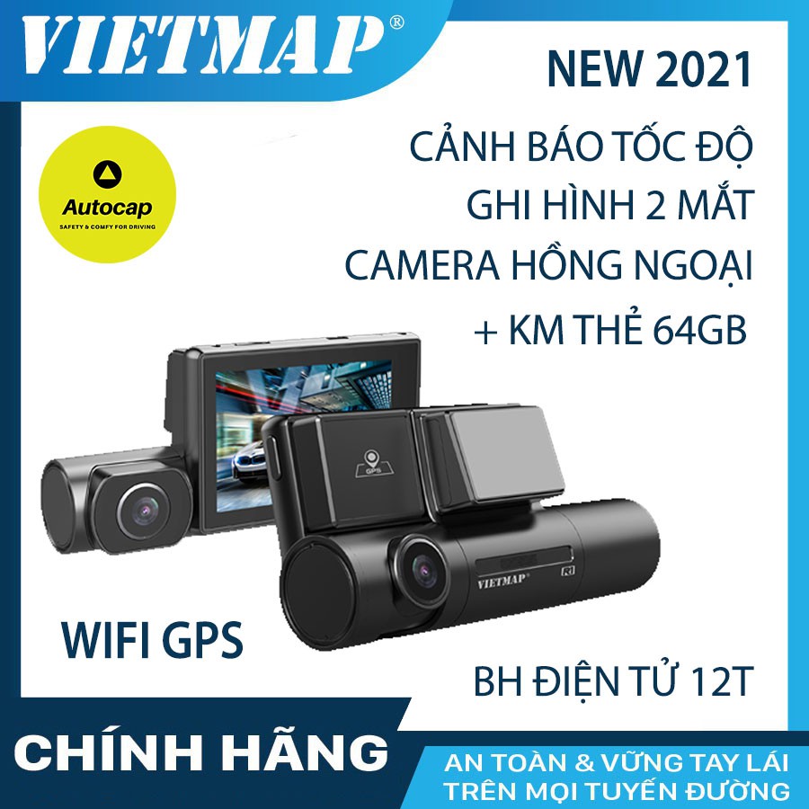 Camera hành trình ô tô VIETMAP R1 ghi hình trước sau, có hồng ngoại, màn cảm ứng Wifi GPS cảnh bảo tốc độ - KM thẻ nhớ