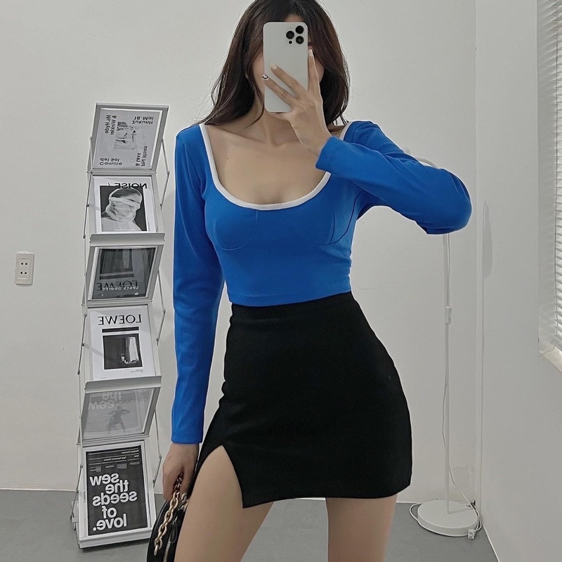 Chân váy thun gân xẻ tà