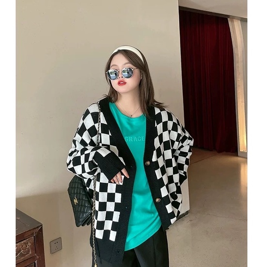 BIGSIZE Áo khoác len kẻ caro đen trắng dài tay thời trang EM.STYLE (50-90kg)