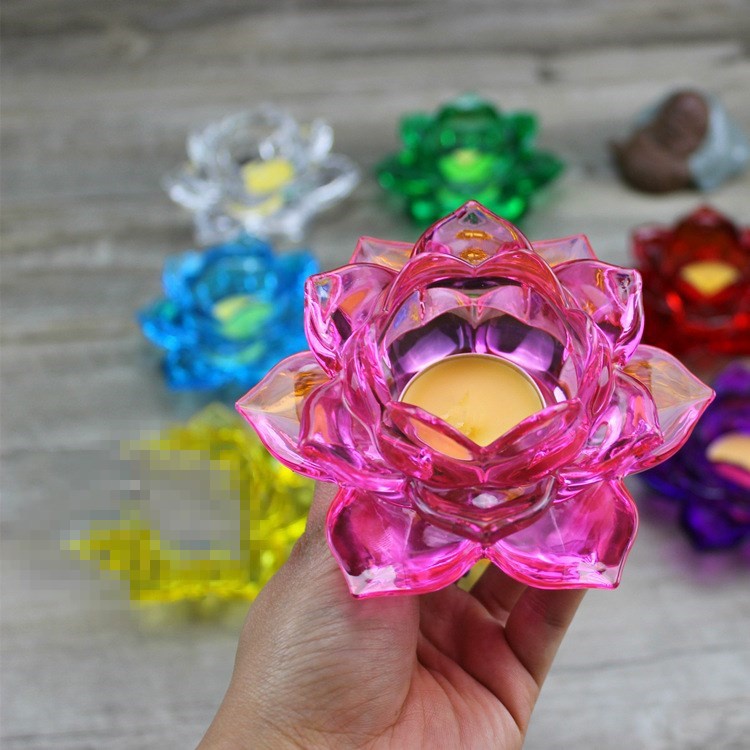 Đế nến hoa sen lưu ly phật giáo 7 cánh, cốc đựng nến tealight chất liệu thủy tinh nhiều màu sắc