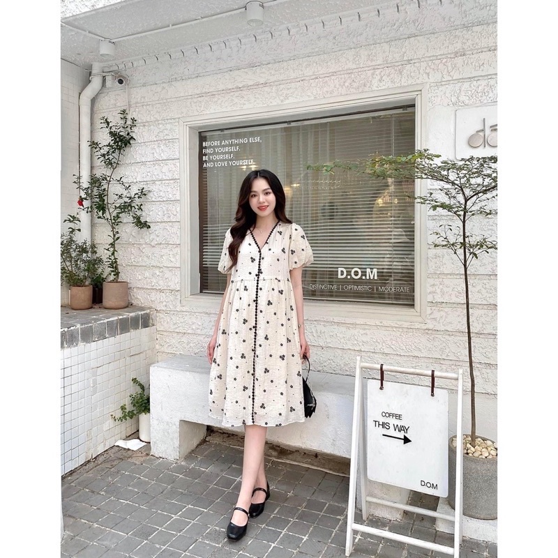 Đầm bầu suông babydoll trắng hoa nhí, form tầng dáng xoè mặc cực xinh xắn trẻ trung V12