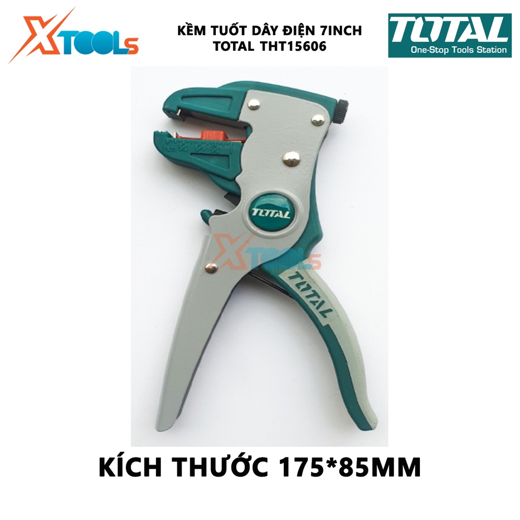 Kềm tuốt dây điện mỏ quạ TOTAL THT15606 Kìm tuốt dây Đường kính đầu tuốt 0.5mm~6mm Chất liệu 65Mn Kích thước 175*85mm bó