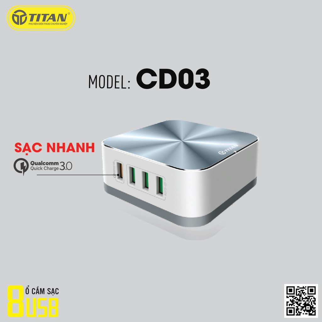 Ổ Cắm Điện Thông Minh 8 Cổng USB TITAN - CD03 (Bảo Hành 12 Tháng)