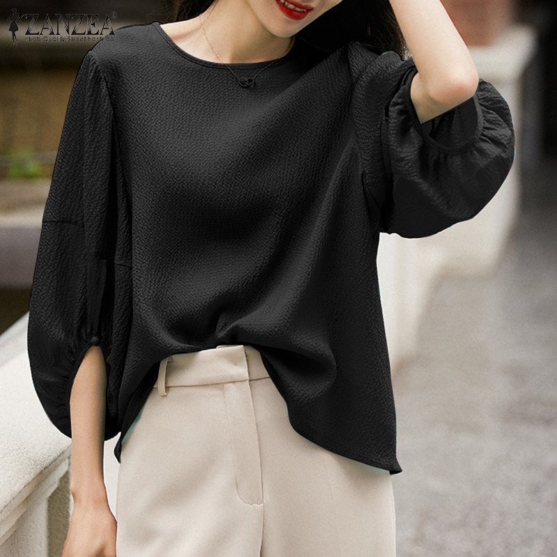 Áo Kiểu Tay Phồng Cổ Tròn 3 / 4 Màu Trơn Thời Trang Cho Nữ ZANZEA