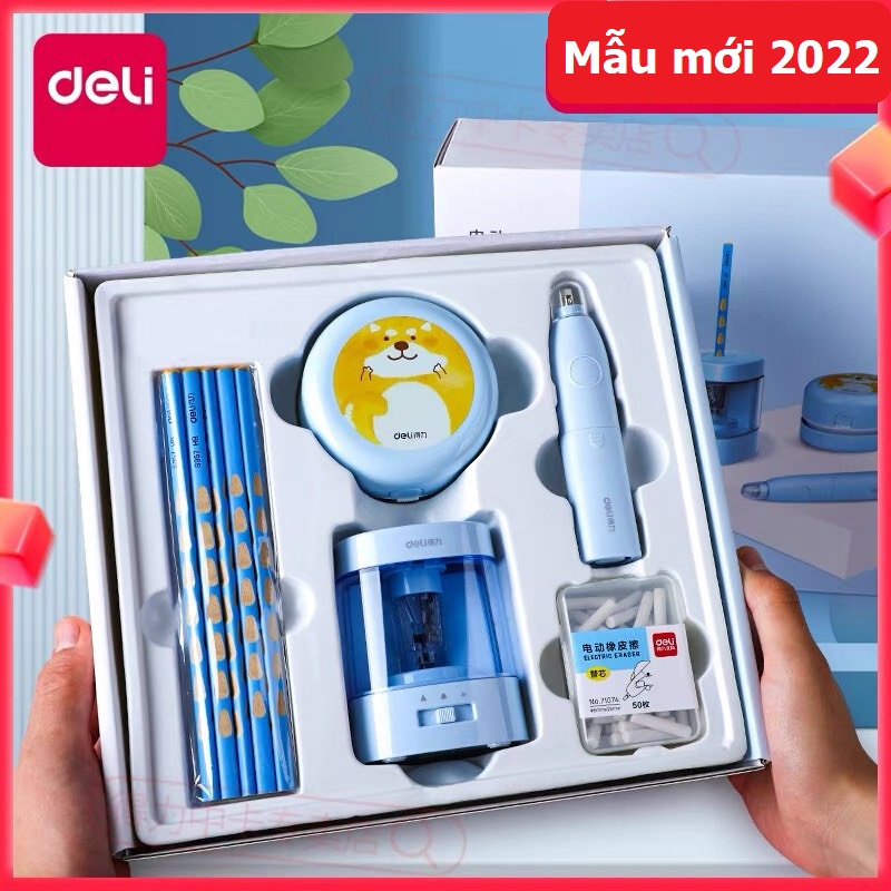 Bộ Văn phòng phẩm Tẩy - Gọt bút chì - Hút bụi tự động Deli/ Disney tặng bút chì, hộp tẩy thay thế - Quà tặng cho bé